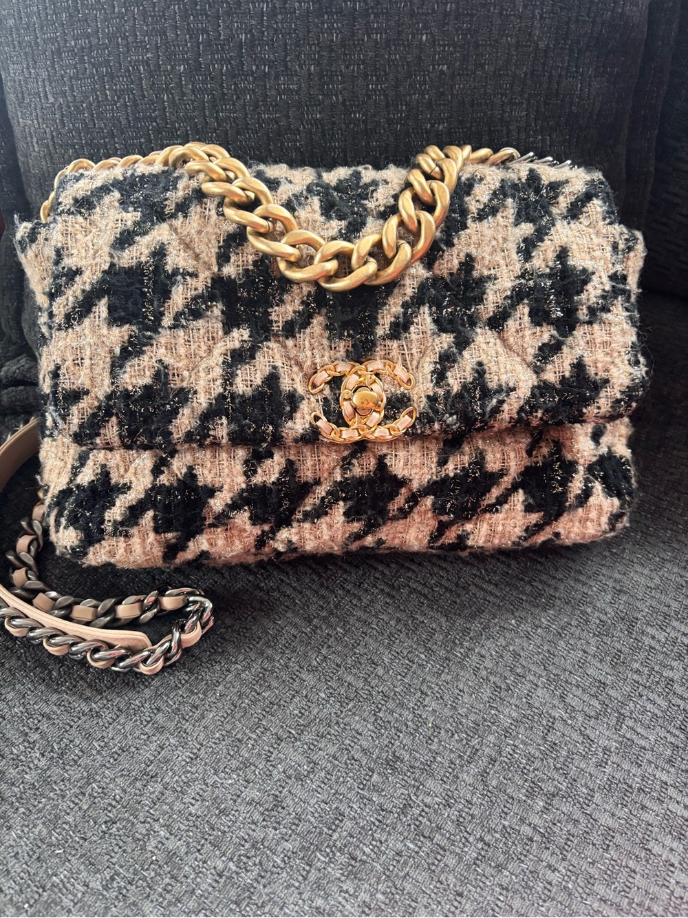 CHANEL Houndstooth Tweed Shoulder Bag in Black and Cream with Gold Hardware